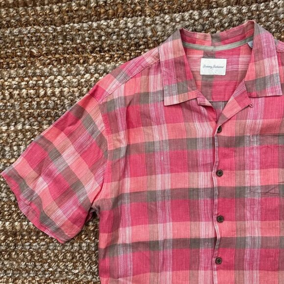 Tommy Bahama Mens Hawaiian Shirt Button Up Salmon Pink White Plaid Linen XL - Picture 1 of 9